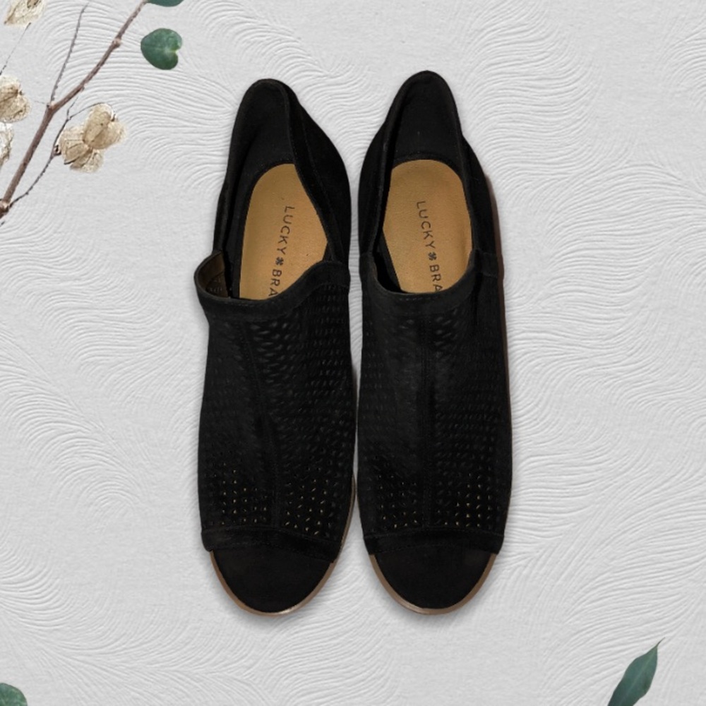 Lucky Brand Peep Toe Suede Ankle Boots Black Sz 10